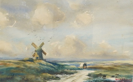 Hervey Adams (1903-1996), Moorland view with windmill, signed, watercolour, 35 x 55cm